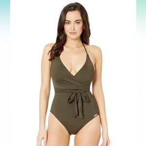 Vince Camuto green halter wrap around one piece bathing suit swims wear size 12